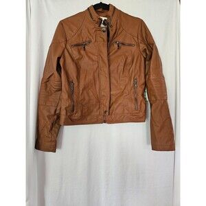 Maralyn & Me Women's Brown Faux Leather Jacket Zip Up with Pockets Size Medium